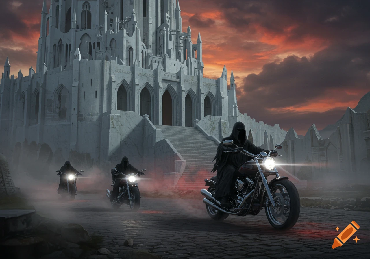 Three cloaked figures resembling Nazgul ride motorcycles on a cobblestone road in front of a grand, white gothic castle under a dramatic orange sky.