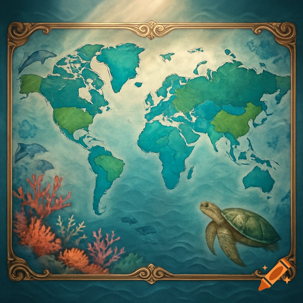 A stylized world map in an ornate frame, surrounded by an underwater scene with coral, dolphins, and a sea turtle.