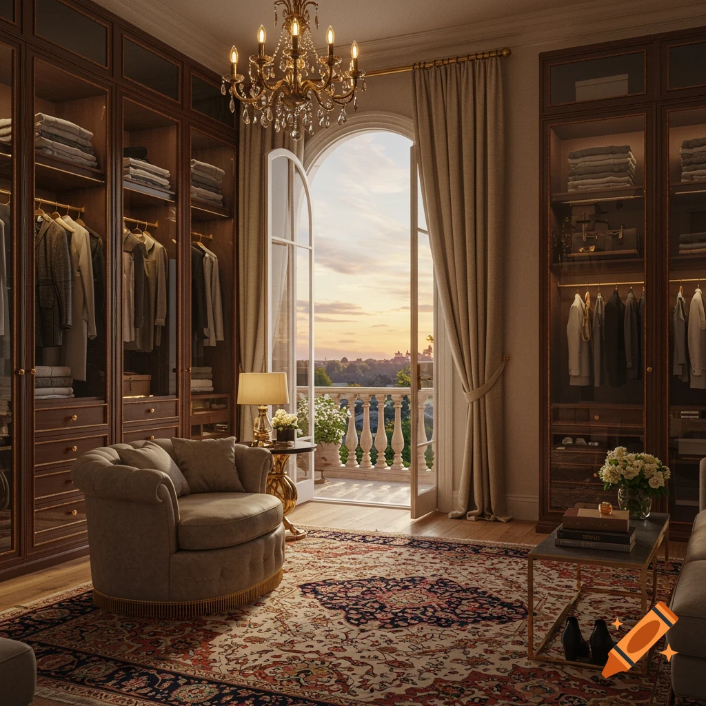 A luxurious walk-in closet with a balcony overlooking a sunset, featuring dark wood wardrobes, a chandelier, and an armchair.