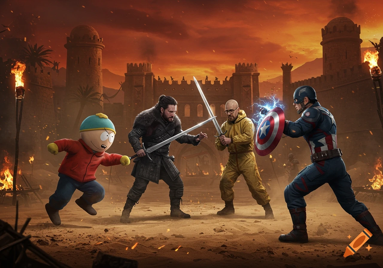 Eric Cartman, Jon Snow, Walter White, and Captain America battle in a dramatic desert arena with castles and fire.