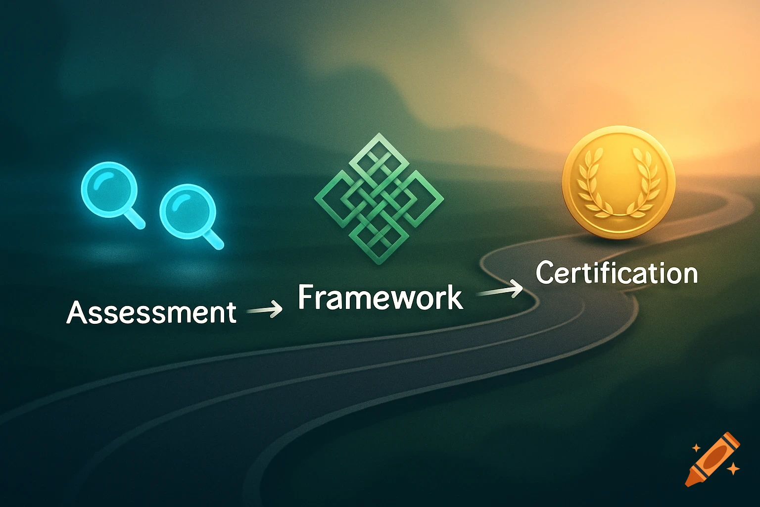 A stylized roadmap showing three stages: Assessment (magnifying glasses), Framework (knot symbol), and Certification (gold medal) along a winding path.
