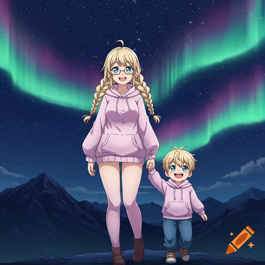 An anime woman with blonde braids and glasses holds hands with a smiling young boy, both in pink hoodies, under a vibrant aurora borealis sky above mountains.