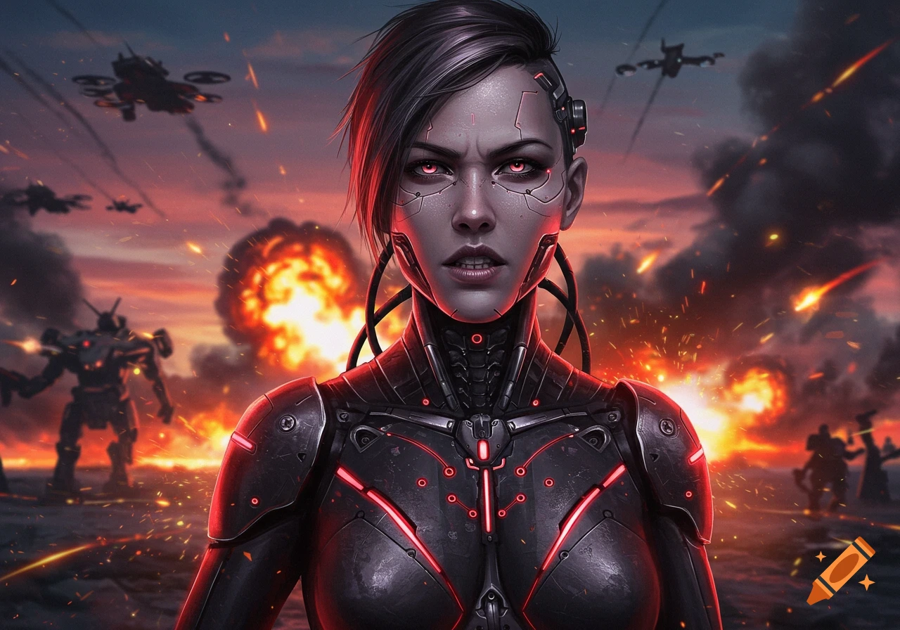 A menacing cyborg woman in black biomechanical armor stands against a chaotic battlefield with explosions and flying drones under a fiery sky.