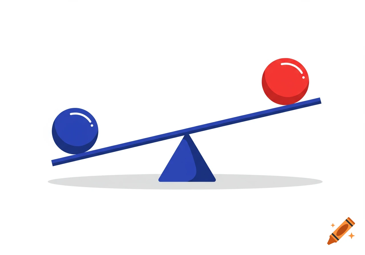 A blue and a red ball on a blue seesaw balanced on a triangular fulcrum, against a white background.