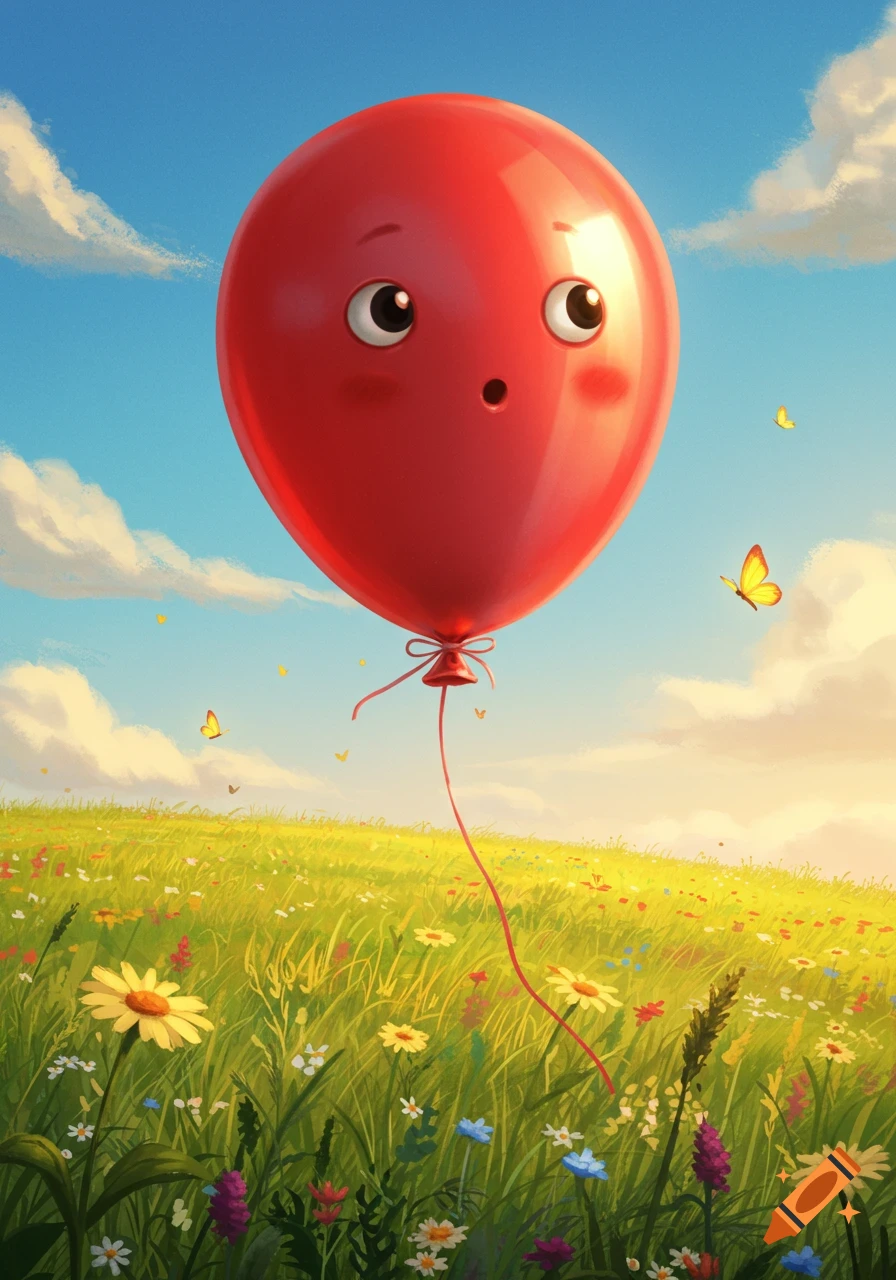 A whimsical red balloon with a surprised face floats above a vibrant wildflower field under a blue sky with clouds, in a cartoon illustration.