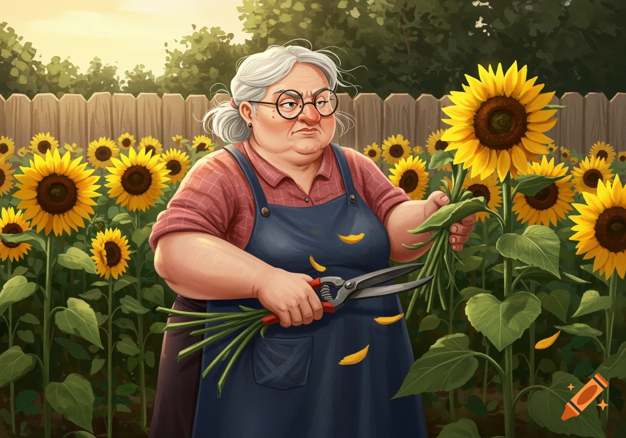 A grumpy older woman with gray hair and glasses, wearing a blue apron, uses shears to cut green stems in a sunny sunflower field.