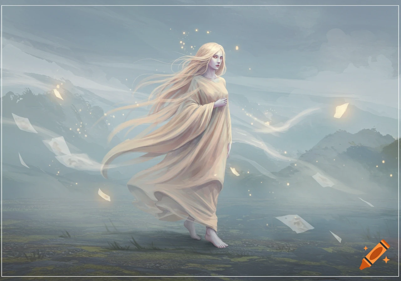 A blonde woman with a flowing light-colored robe stands barefoot in a misty, ethereal landscape with floating glowing papers.