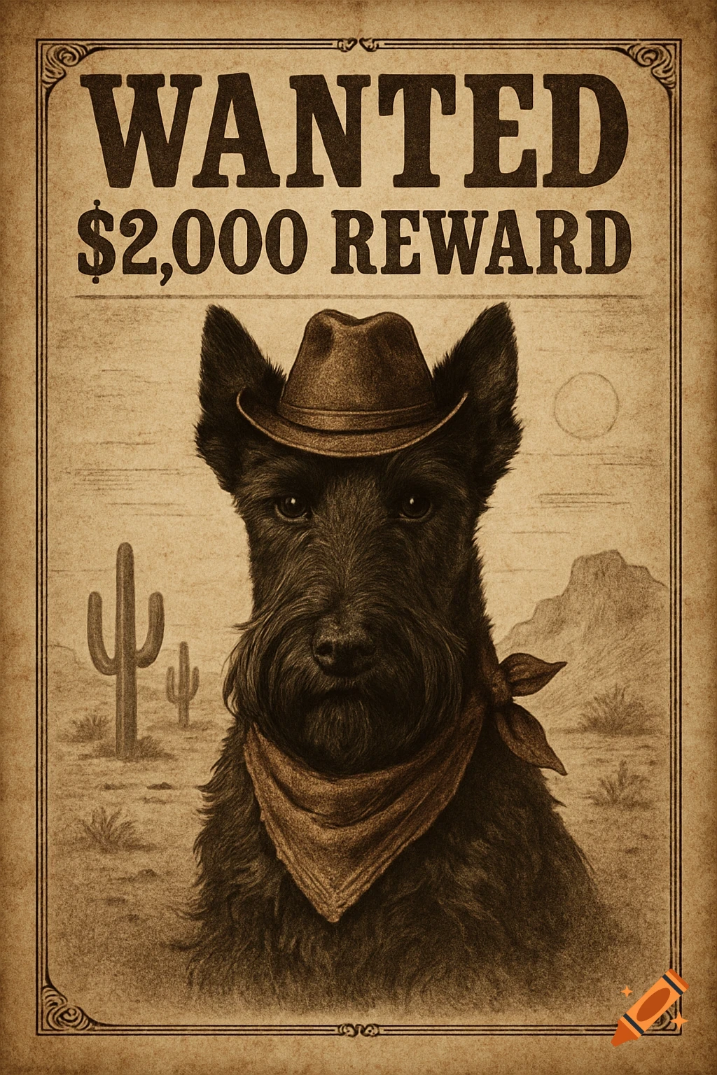 A sepia-toned old western wanted poster featuring a black Scottish terrier wearing a cowboy hat and bandana, with 'WANTED $2,000 REWARD' text.