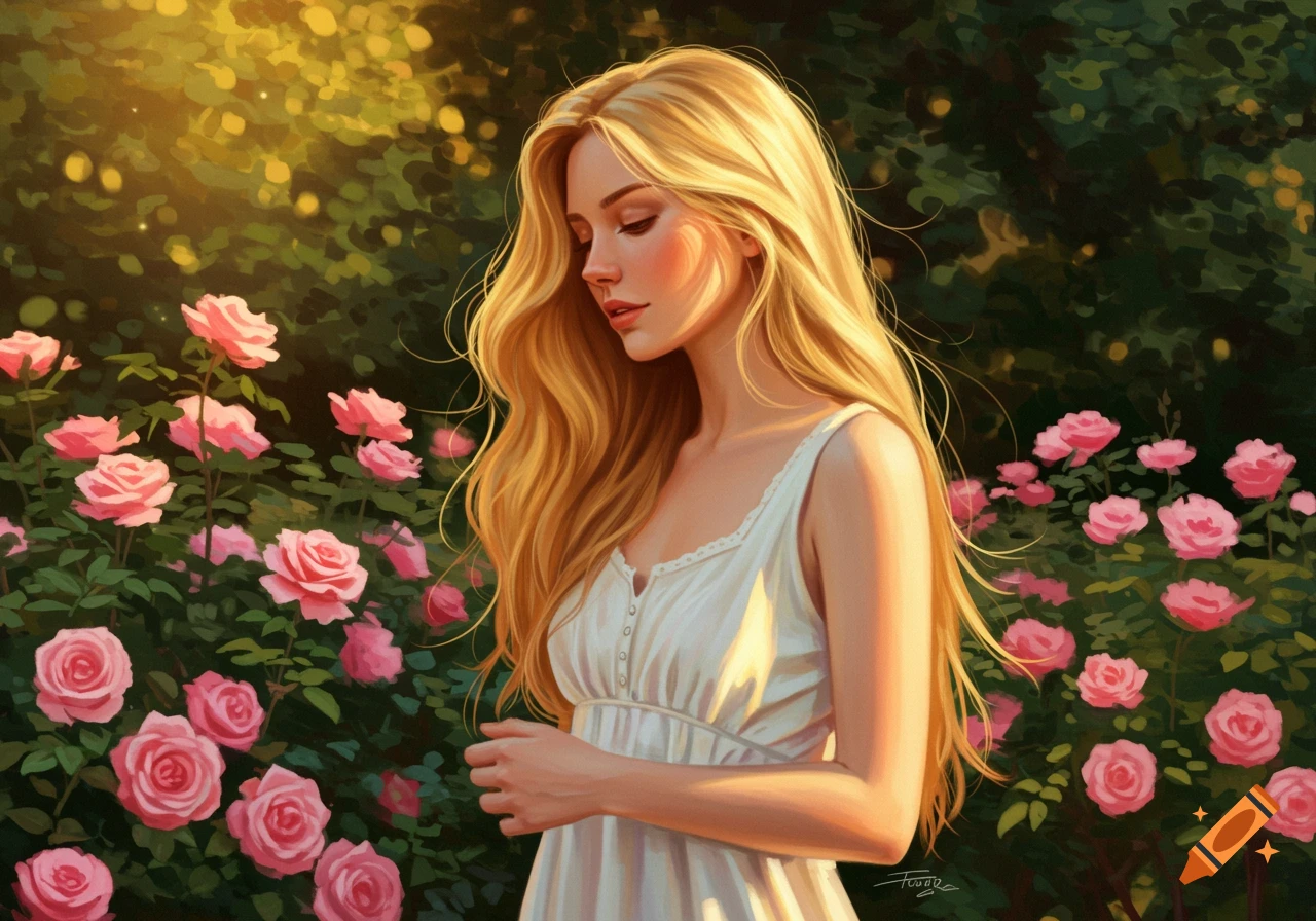 A digital painting of a blonde woman in a white dress standing in a sunlit rose garden.