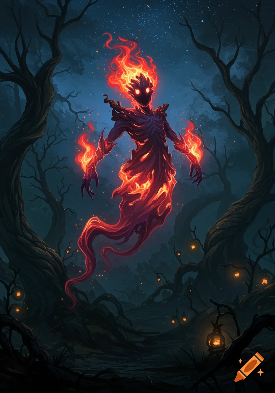 A fiery ghost-like creature hovers in a dark, gnarled forest under a starry night sky, illuminated by its own flames and distant lanterns.