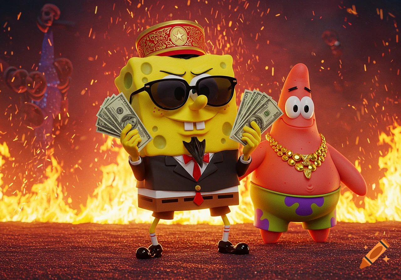 Spongebob Squarepants in a suit and sunglasses, holding money, with Patrick Star wearing a gold chain, surrounded by fire in a realistic style.