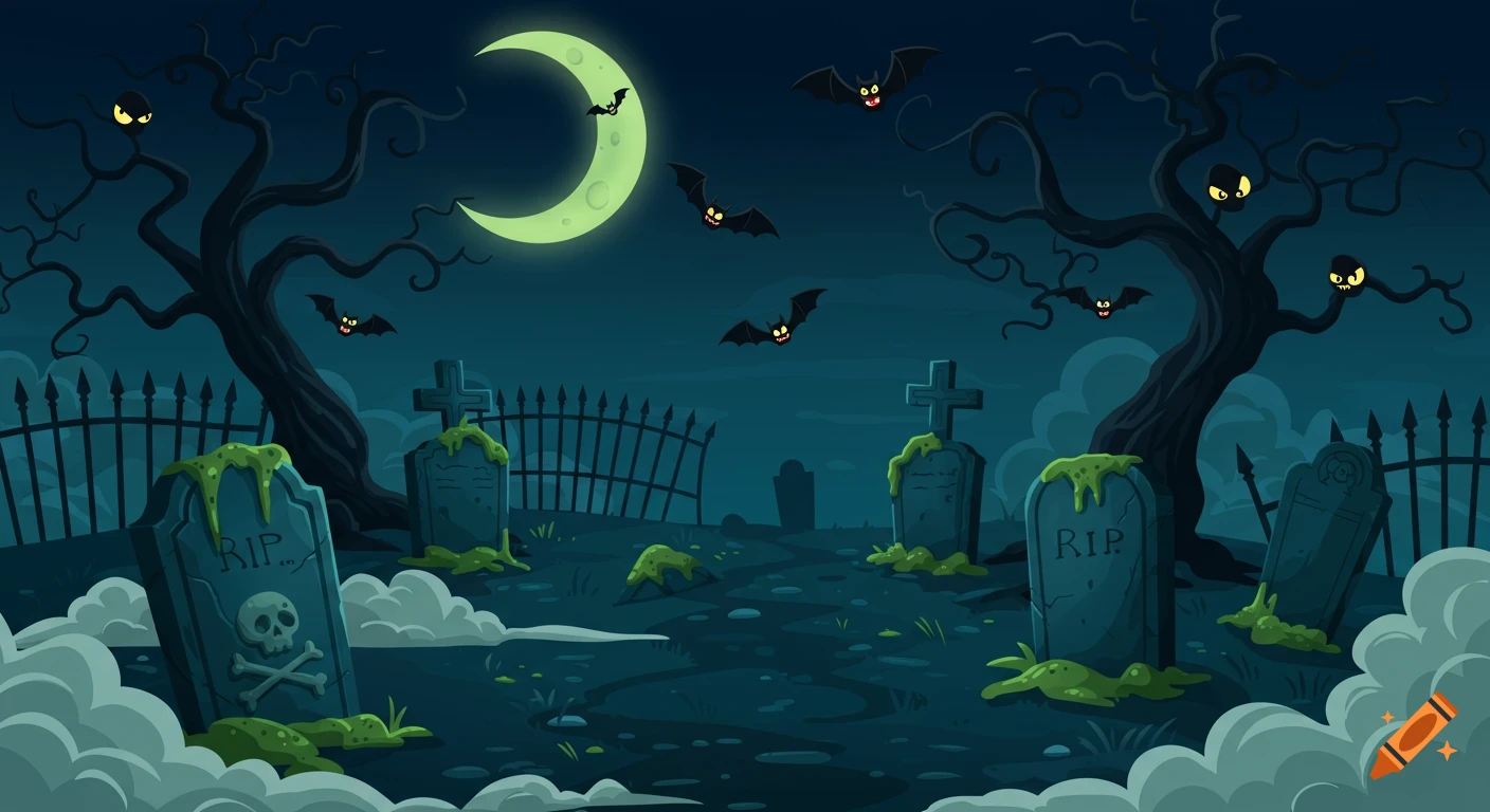 Cartoon spooky graveyard scene at night with gravestones, gnarled trees, flying bats, and a crescent moon.