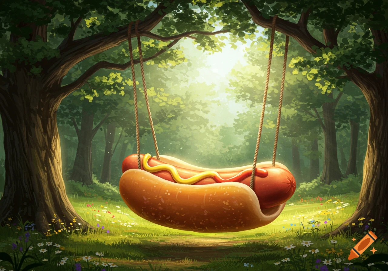 A hot dog in a bun with mustard and ketchup swings from a tree branch in a lush, sunlit forest.