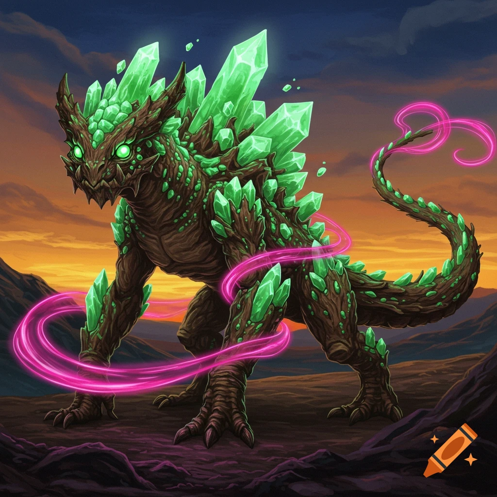 A brown, crystalline monster with glowing green spikes and eyes, surrounded by swirling pink energy, stands on a rocky alien landscape under an orange and purple sunset.