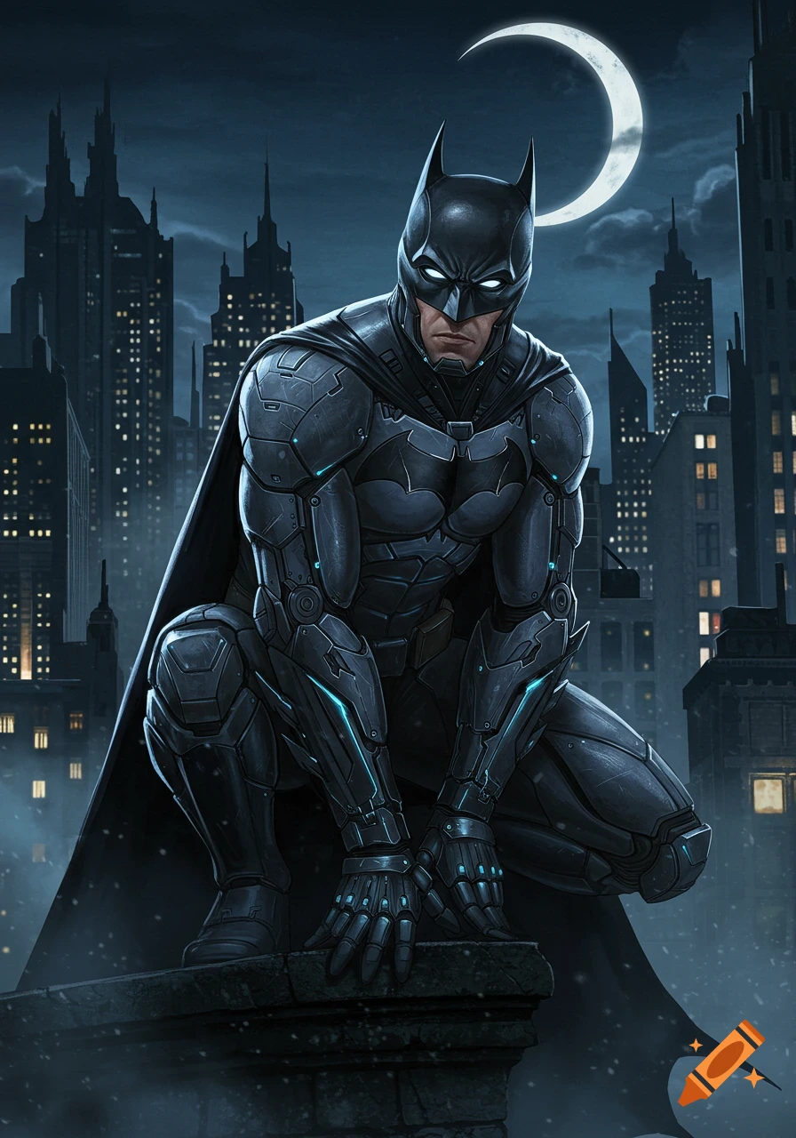 Batman in a armored suit and cape crouches on a rooftop at night, overlooking a city skyline with a crescent moon in the sky, in a comic book illustration style.