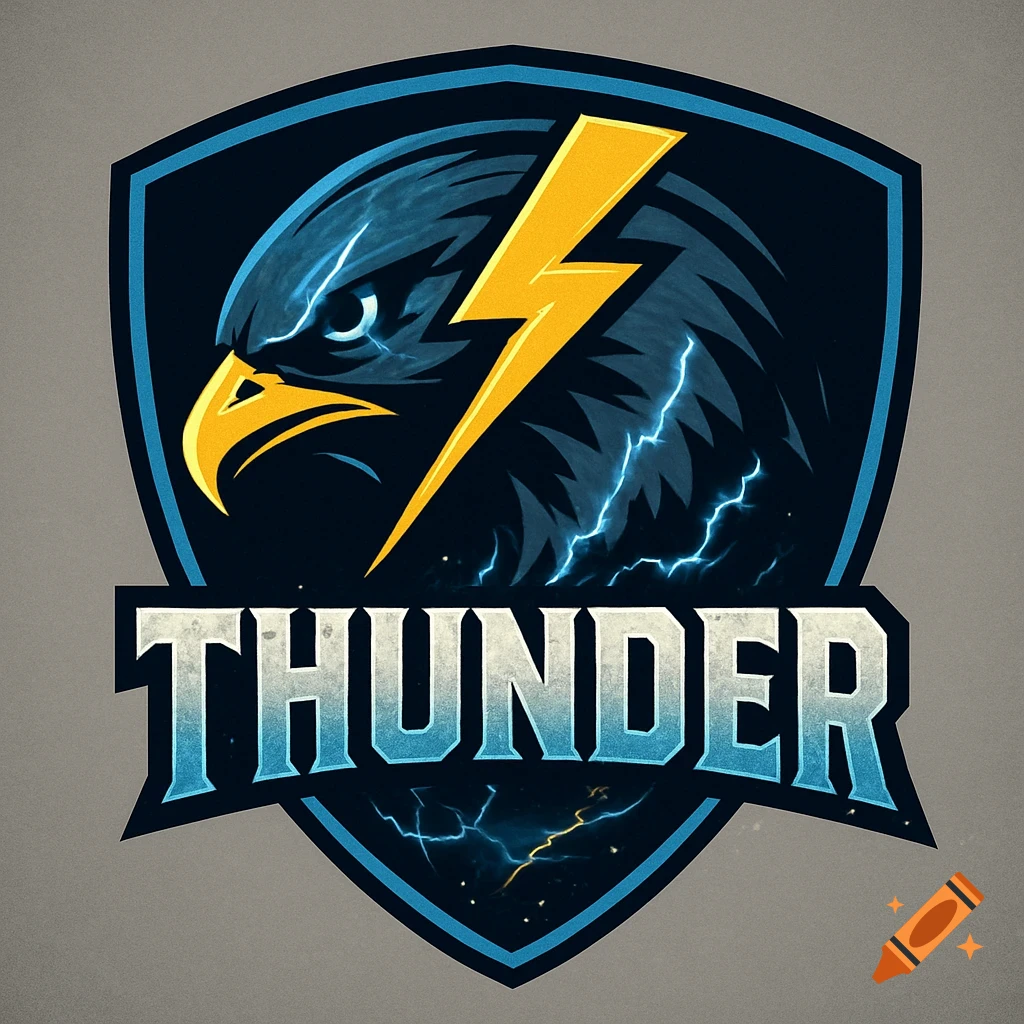 A stylized logo featuring a hawk's head with a lightning bolt, and the word THUNDER below it, set in a shield shape.