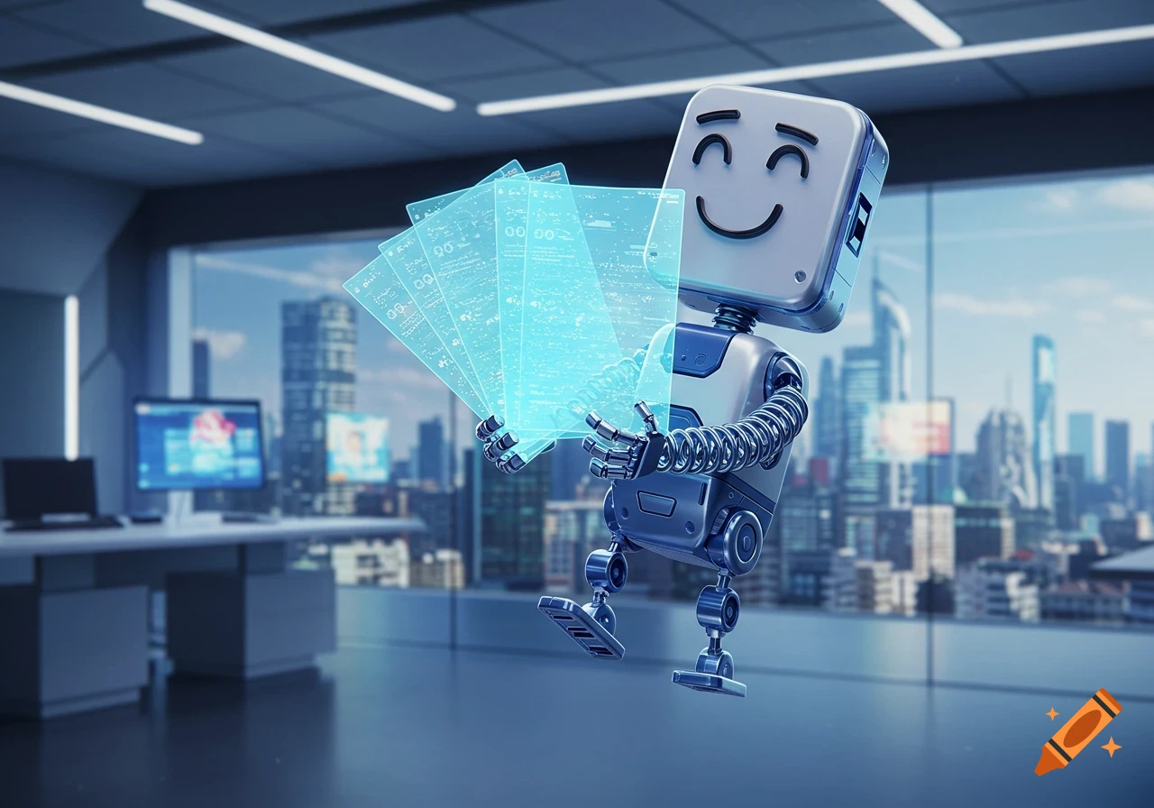 A smiling robot with a square head holds glowing transparent data screens in a modern office with a city view.