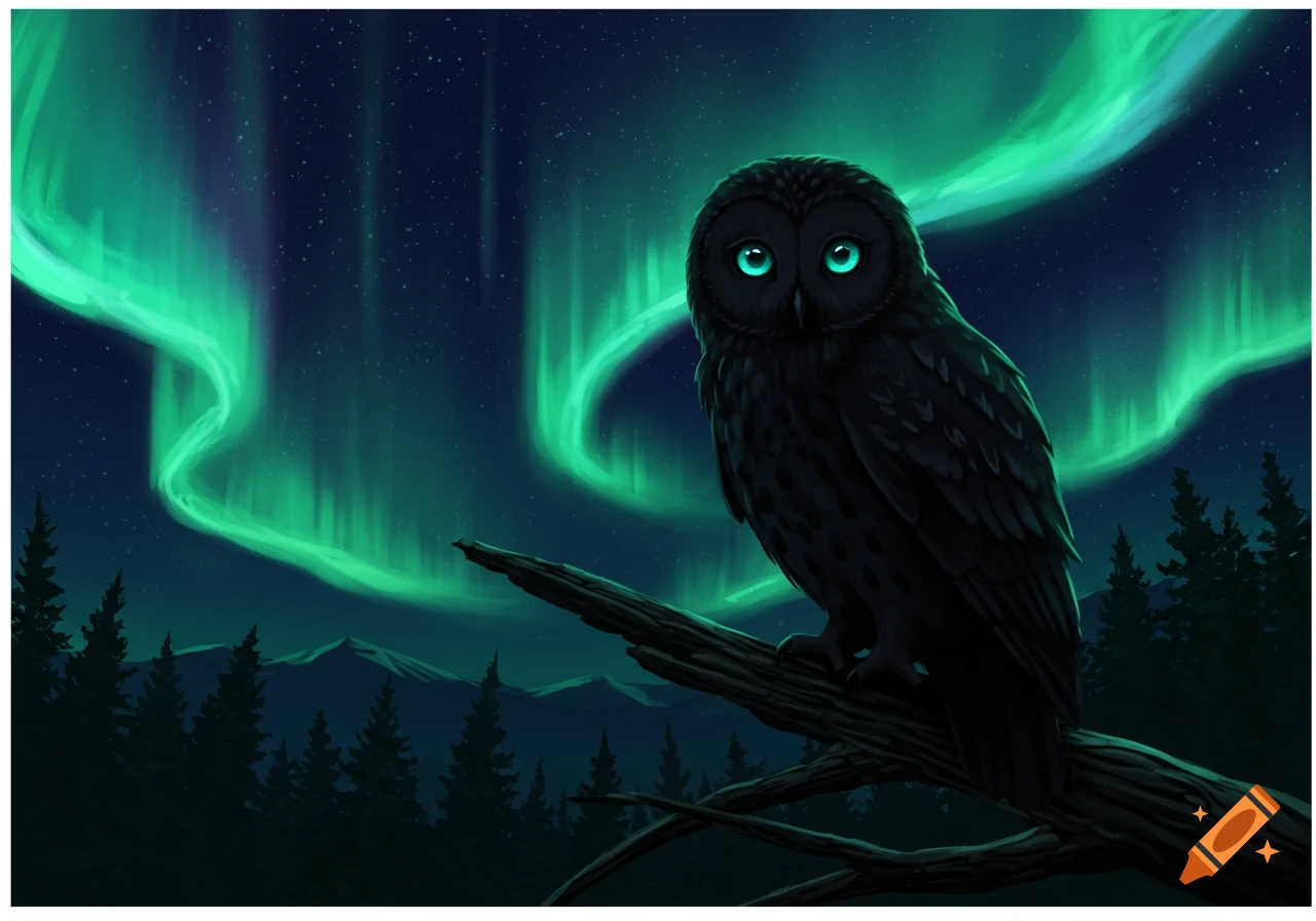 A dark owl with luminous blue eyes perches on a tree branch, set against a vibrant green aurora borealis in a starry night sky.