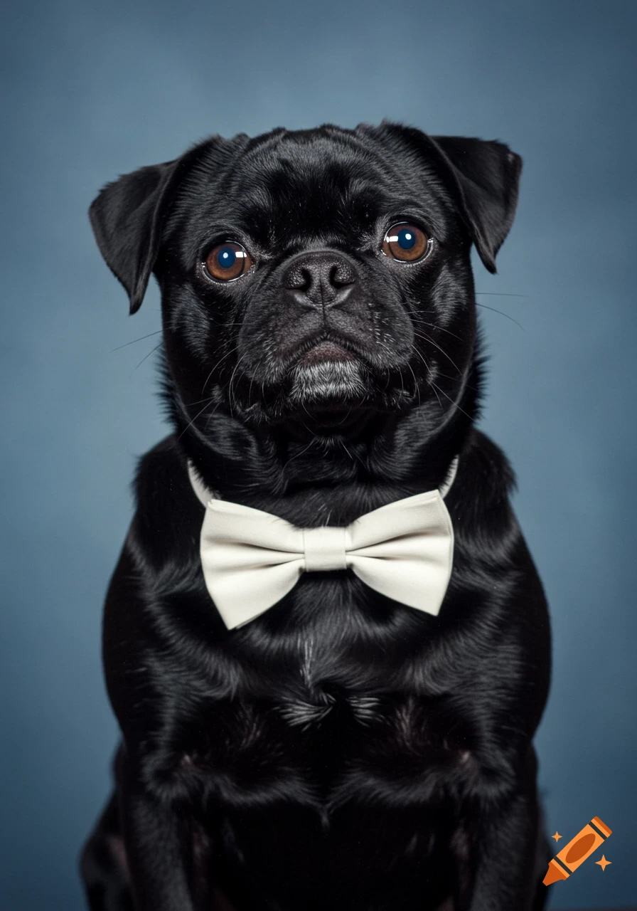 A close-up portrait of a black pug wearing a white bow tie, against a blue-grey background.
