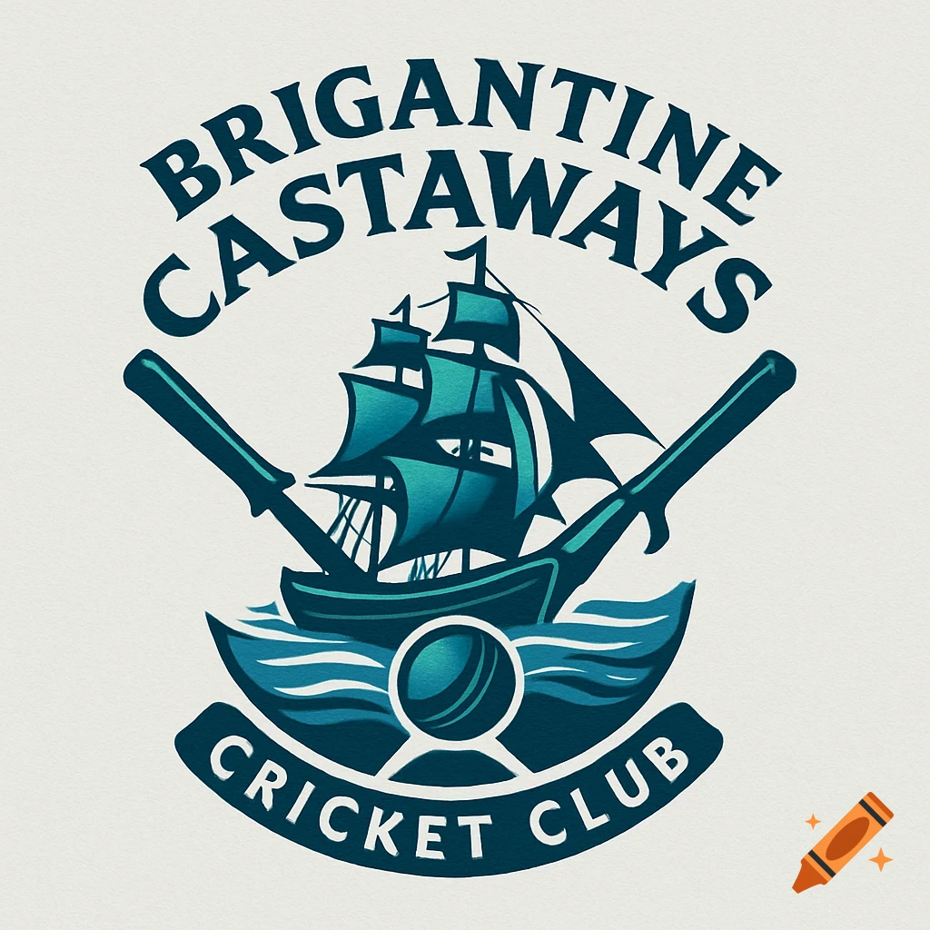 A blue and teal logo for Brigantine Castaways Cricket Club, featuring a sailing ship, crossed cricket bats, and a cricket ball on waves.