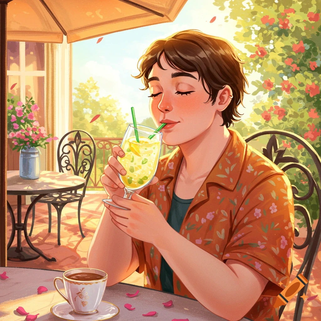 A person sips a lemonade through a straw at an outdoor cafe table, surrounded by flowers and sunlight, in an illustrated style.