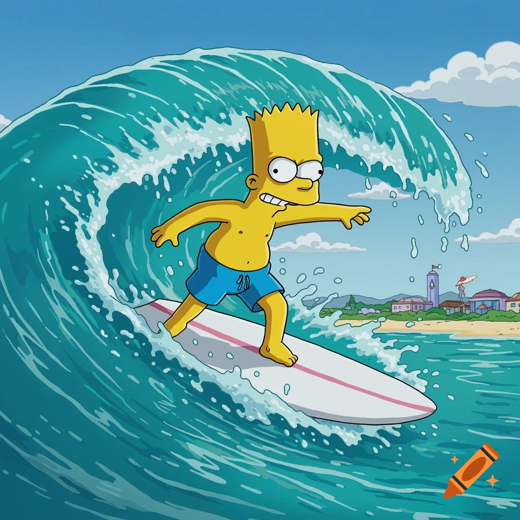 Bart Simpson surfboards on a large blue wave, looking determined in a cartoon style. The background features a sunny beach and distant buildings.