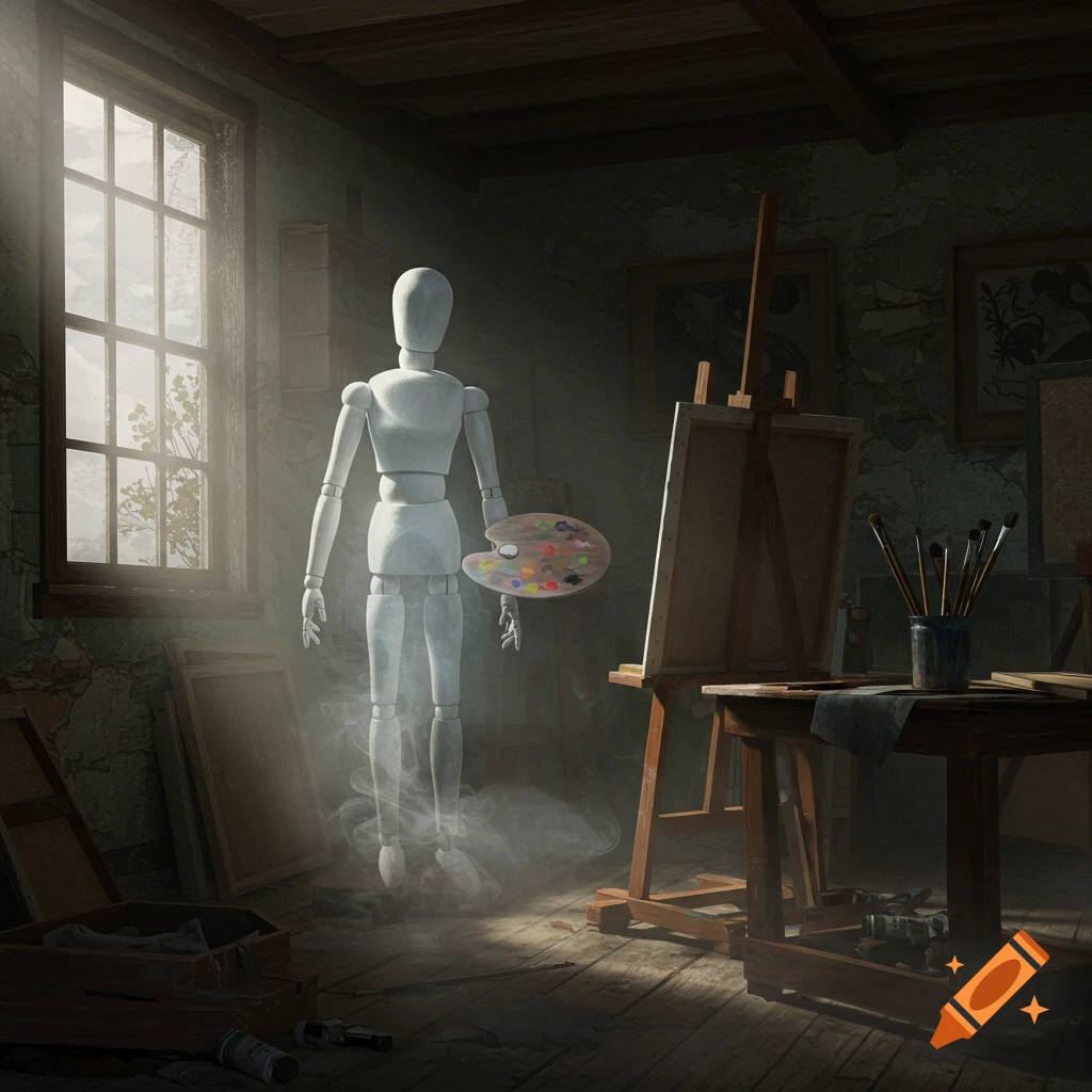 A transparent, ghostly mannequin with a paint palette floats in a dusty, dimly lit artist's studio with an easel and brushes.
