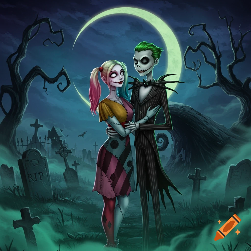Stylized illustration of Harley Quinn as Sally and Joker as Jack Skellington embracing in a spooky cemetery under a crescent moon.
