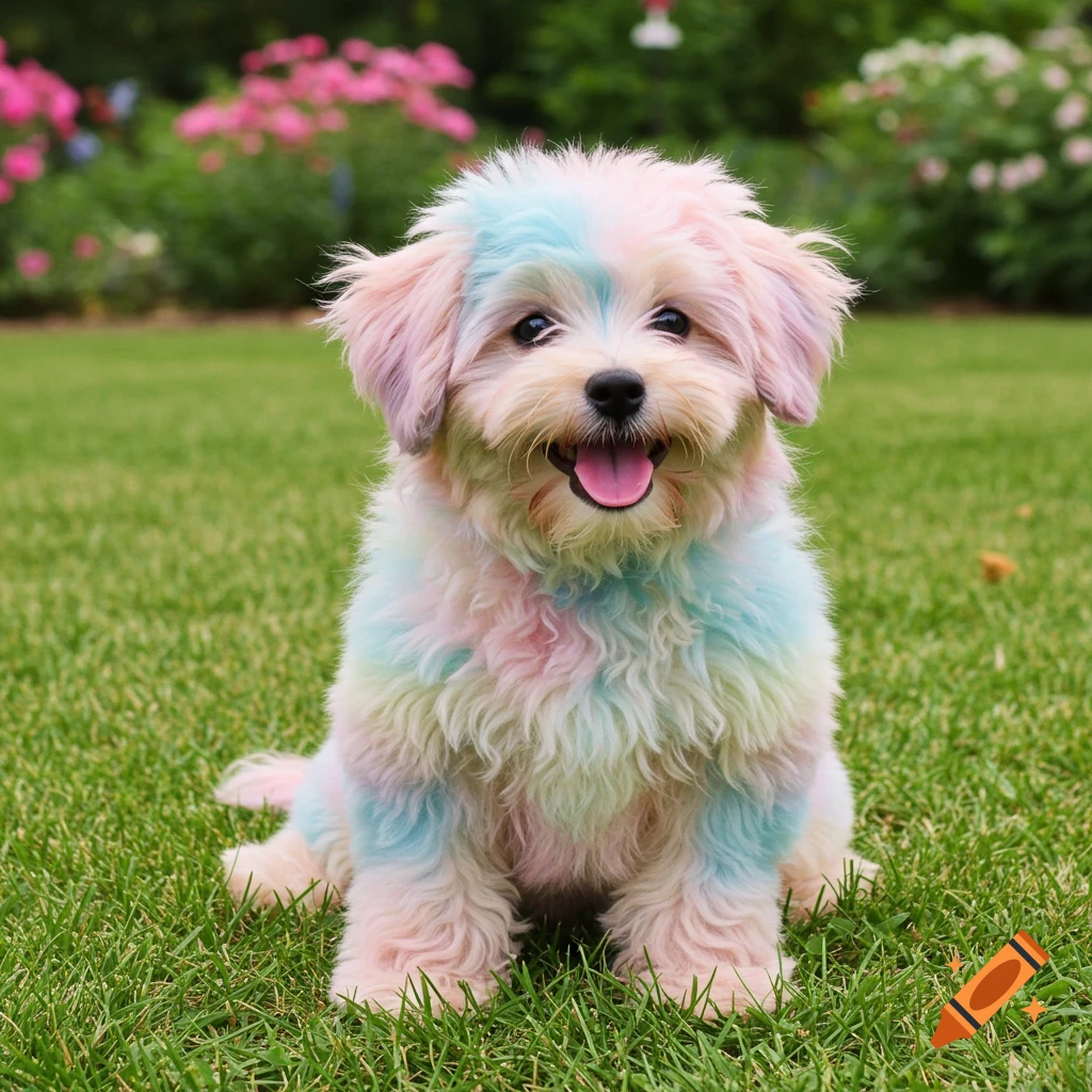 A cute fluffy dog with pastel pink, blue, and yellow colored fur sits smiling on green grass with flowers in the background.