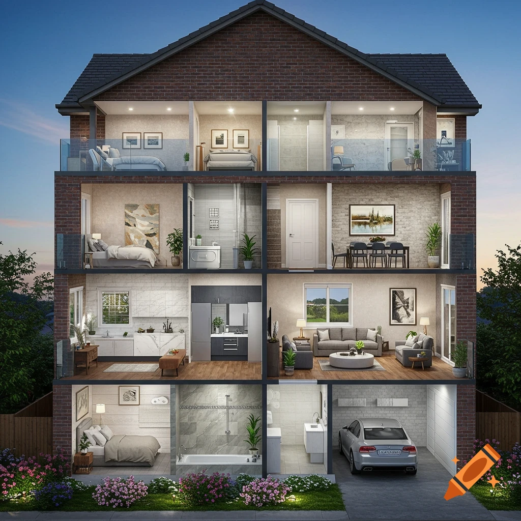 A detailed photorealistic cutaway view of a three-story house, showcasing various furnished rooms like bedrooms, bathrooms, kitchens, living areas, and a garage with a car, set against a twilight sky.