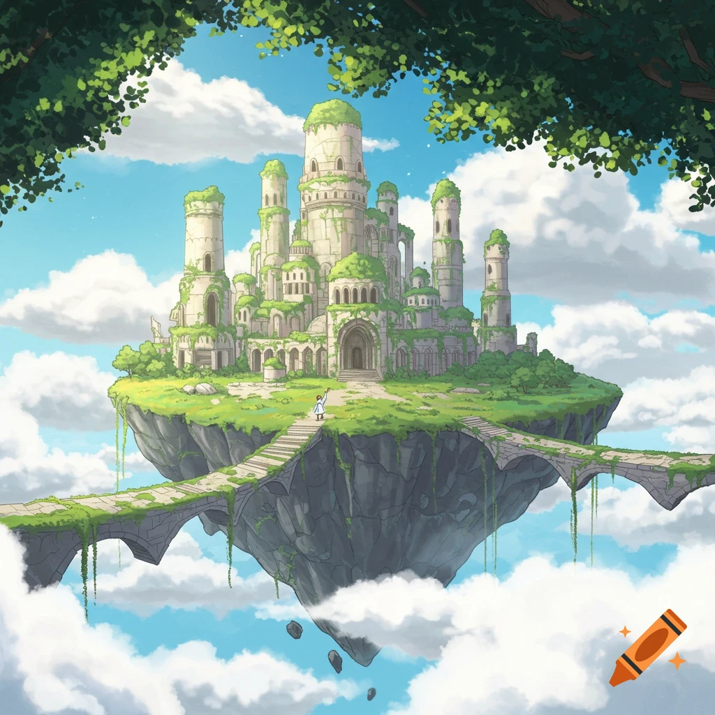 An anime-style image of a large, ancient-looking castle on a moss-covered floating island in a blue sky with clouds, framed by green tree branches.