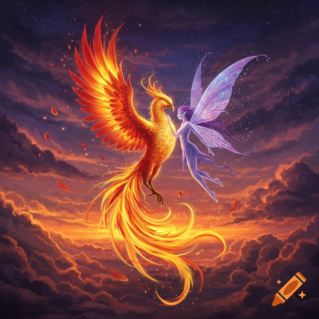 A vibrant, fiery phoenix and a glowing purple fairy face each other in a magical twilight sky.