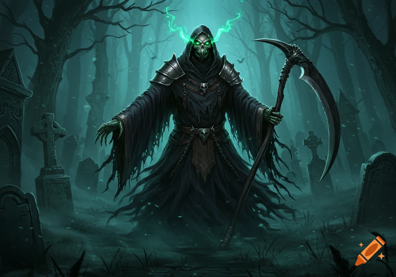 A dark fantasy illustration of a Grim Reaper with glowing green eyes holding a scythe in a misty graveyard.