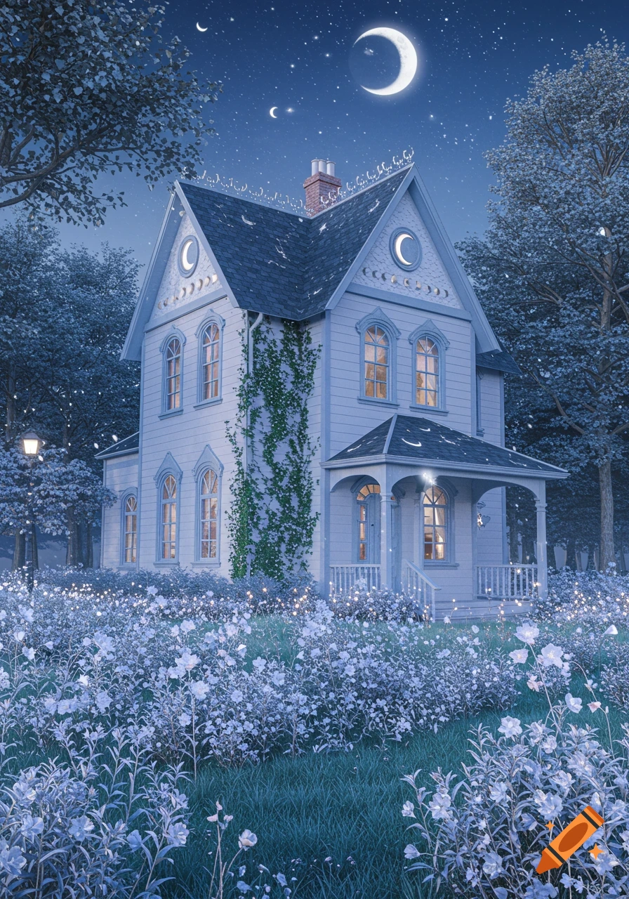 A whimsical, pastel blue Victorian villa under a crescent moon, surrounded by a magical garden with glowing silver flowers at night.