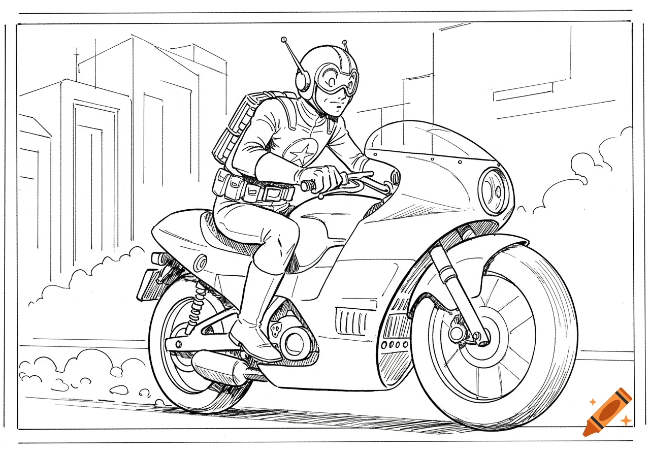 A black and white line drawing of Microwave Man, a superhero, riding a motorcycle through a city.