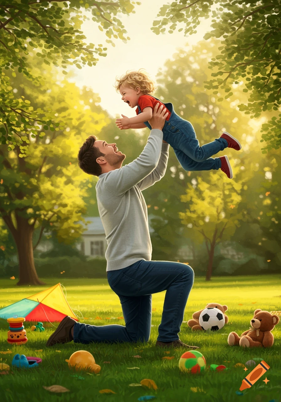 A smiling father lifts his laughing toddler son high in a sunny park with toys on the grass, in an illustrative style.