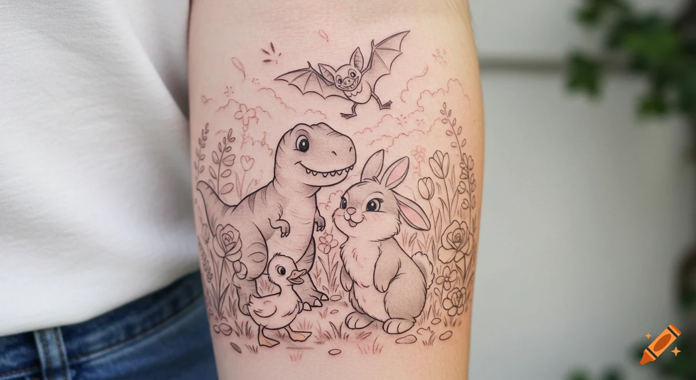 Black and grey tattoo on a forearm featuring a cartoon T-Rex, bunny, duckling, and bat in a field of flowers.
