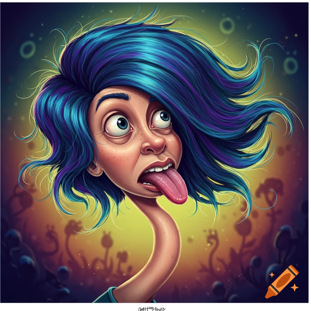 A vibrant cartoon illustration of a person with blue hair and wide eyes, sticking out a long tongue, against a blurry fantasy background.
