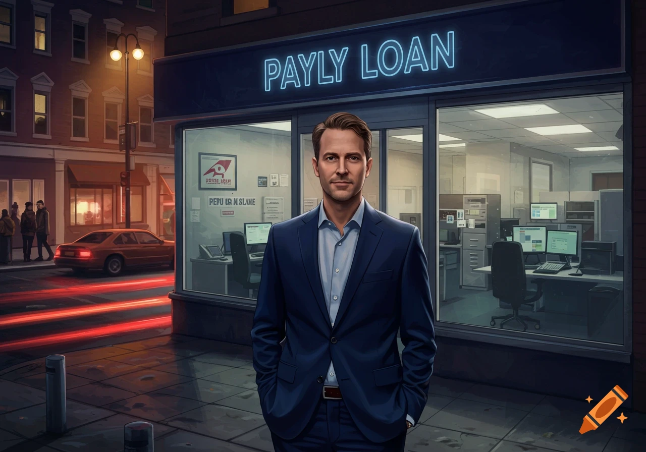 A man in a navy suit stands in front of a "PAYLY LOAN" business on a city street at night, with illuminated car lights in the background.