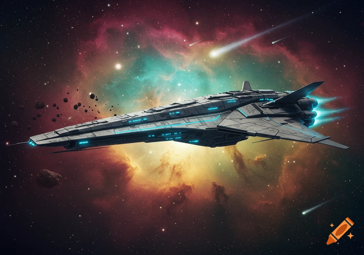 A detailed futuristic spaceship with glowing blue thrusters flies through a vibrant nebula with stars and comets.