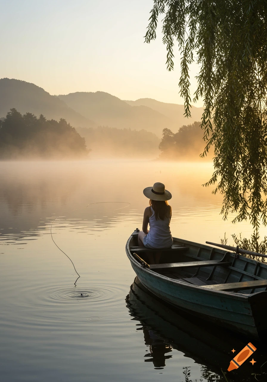 A woman in a straw hat sits in a small boat on a misty lake, fishing at sunrise with mountains and trees in the background.