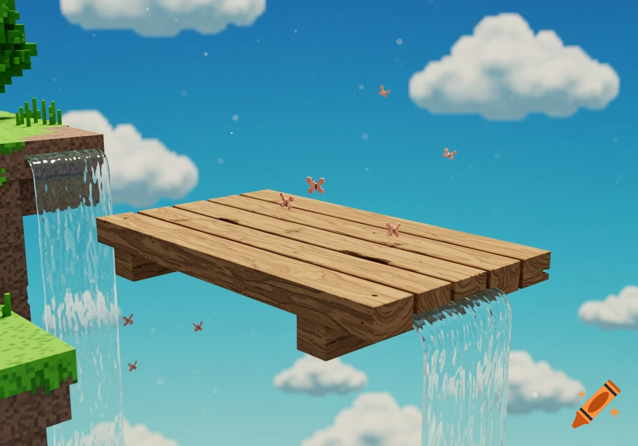 A voxel art landscape featuring a floating wooden platform with waterfalls flowing beneath it, surrounded by blocky terrain, clouds, and flying butterflies.