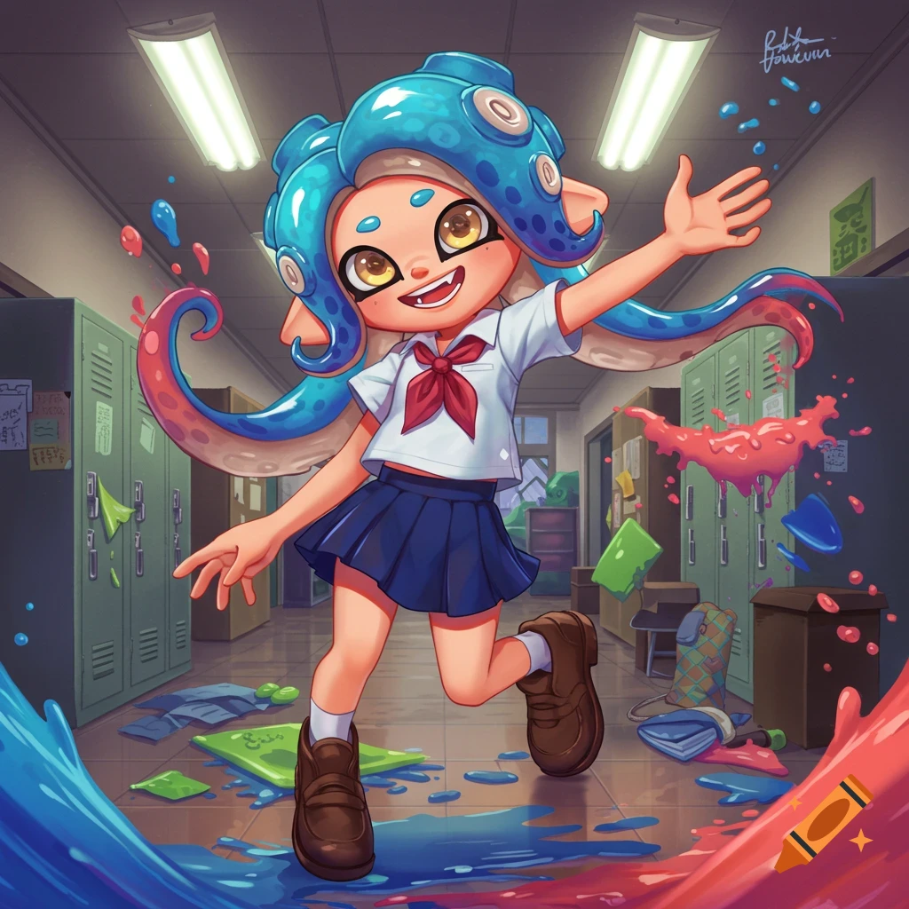 A vibrant, cartoon-style Octoling girl in a school uniform stands in a paint-splattered school hallway.