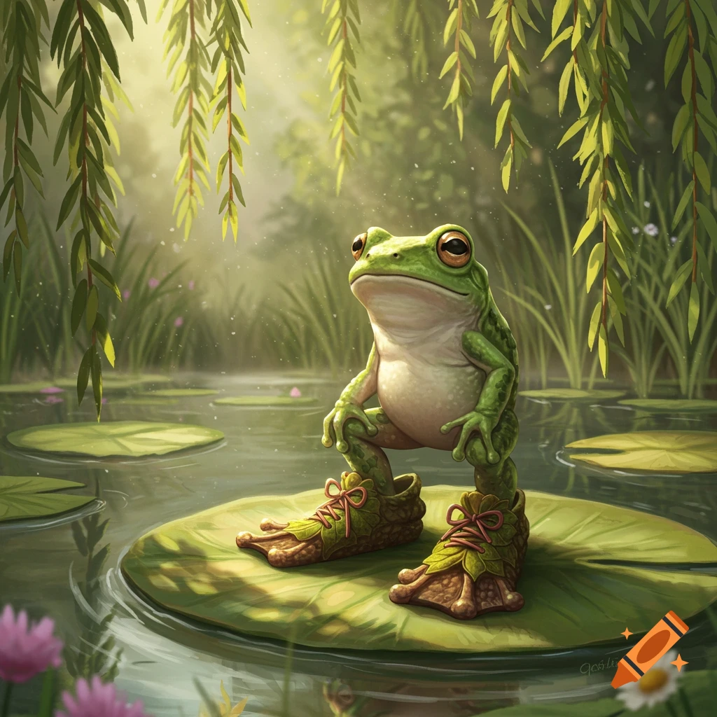 A whimsical green frog stands on a lily pad in a pond, wearing detailed brown and green leaf-like shoes under hanging willow branches.