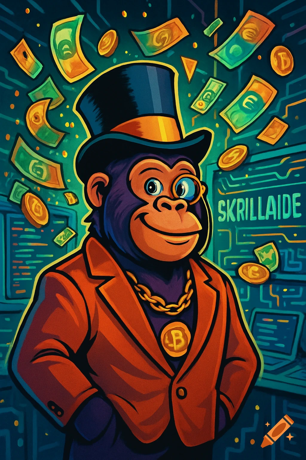 Cartoon gorilla in a top hat, suit, and monocle, surrounded by falling money and a "SKRILLAIDE" computer background.