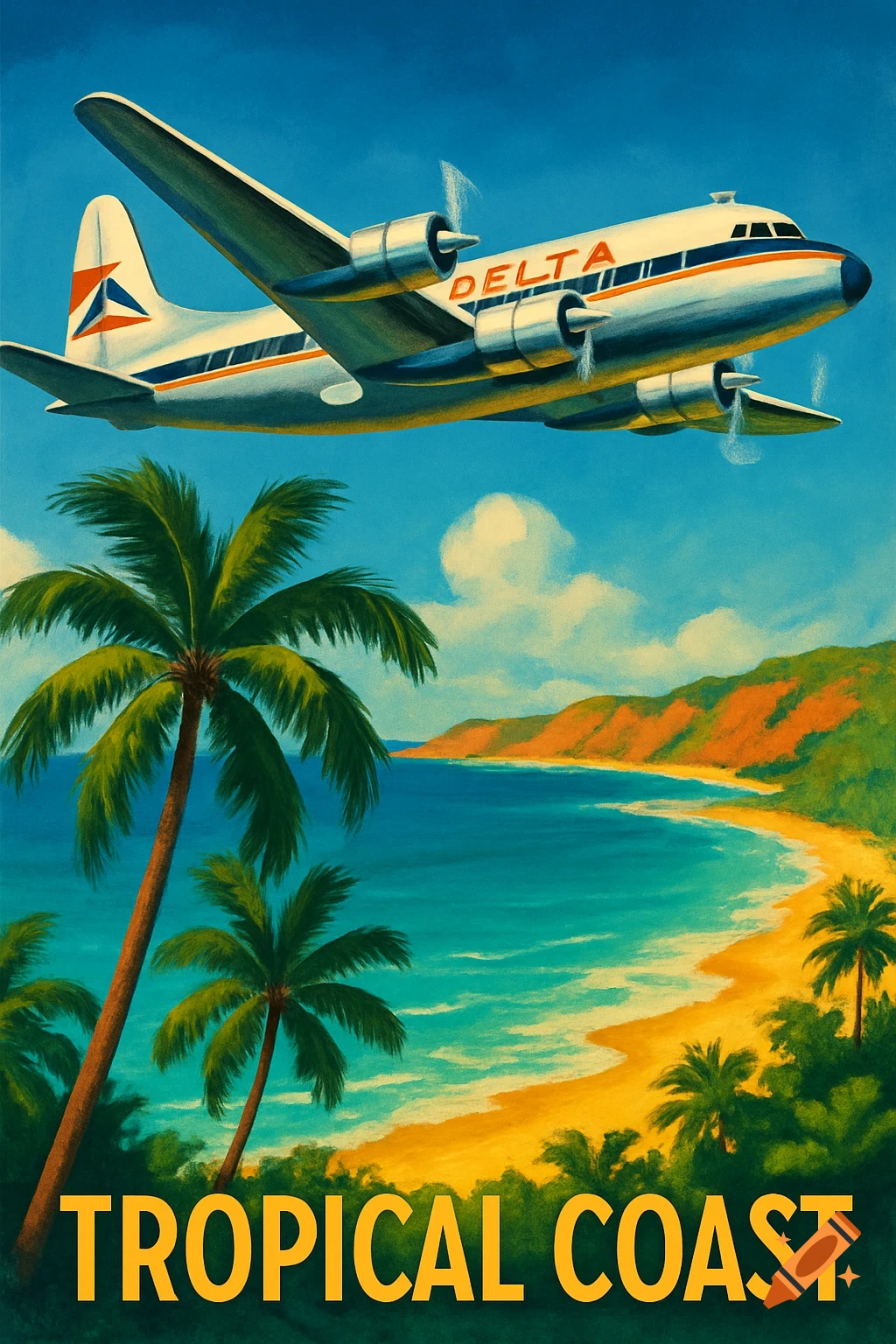 A vintage travel poster illustration shows a Delta airplane flying over a tropical beach with palm trees and the text 'TROPICAL COAST'.