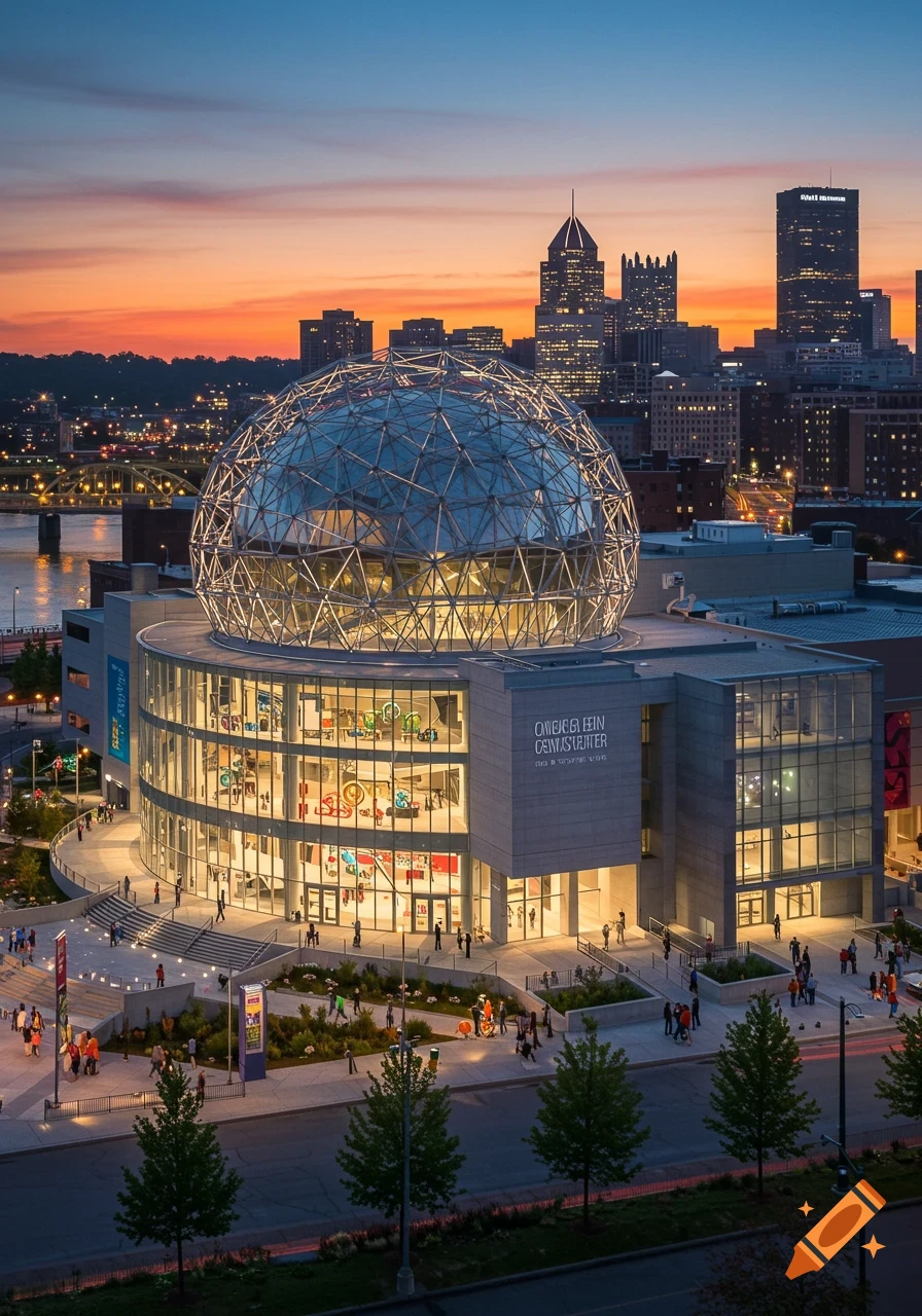 A photorealistic image of a large modern building with a geodesic dome roof and a city skyline at sunset.