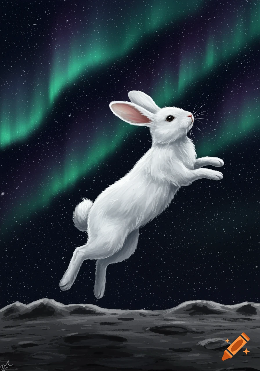 A white rabbit leaps over the surface of the moon under a starry night sky with a vibrant green aurora.