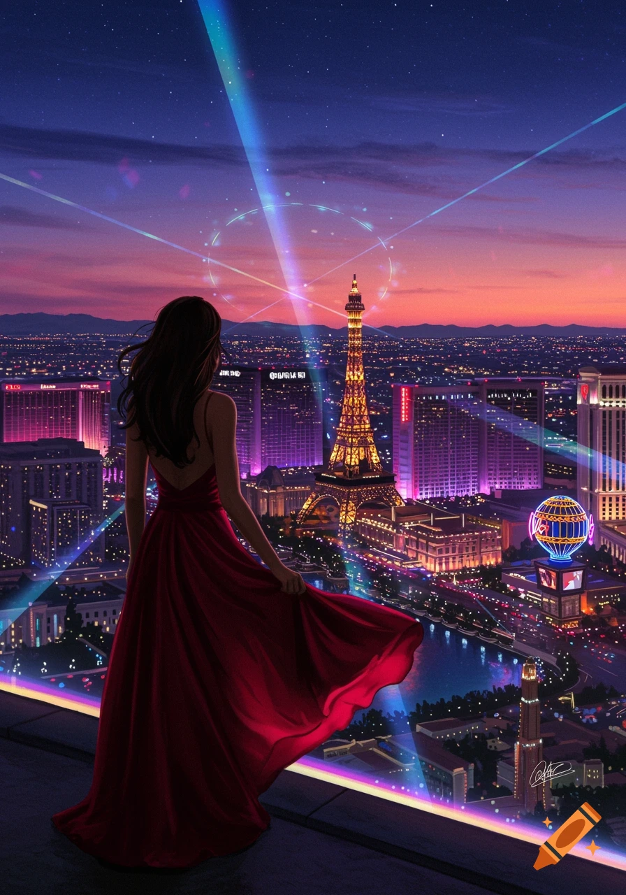 A woman in a red gown looks out over a vibrant, neon-lit Las Vegas cityscape at dusk, with the Eiffel Tower replica prominent.