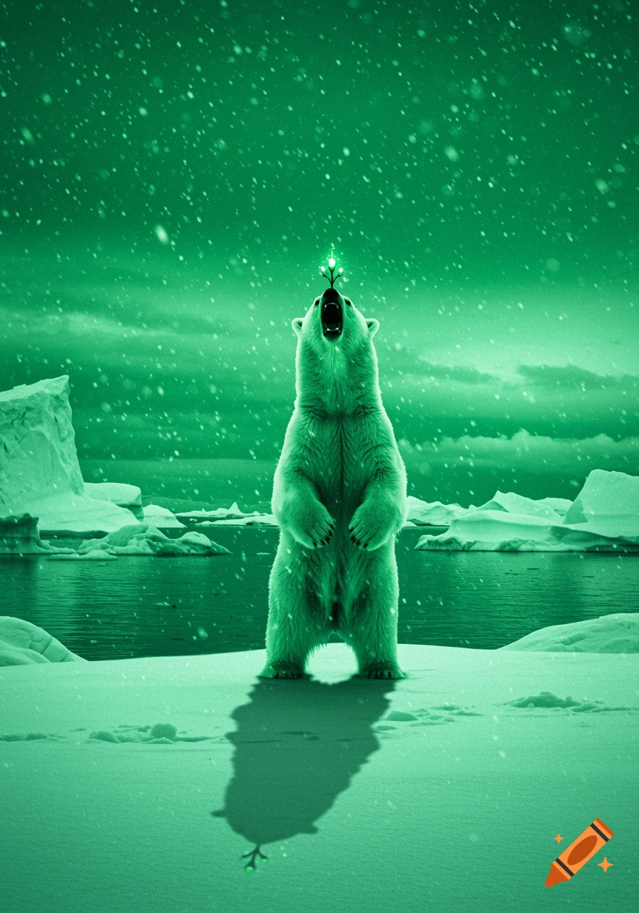 A green polar bear stands roaring on snow, with glowing green eyes and a stalked eye, in a surreal green arctic landscape with falling green snow.